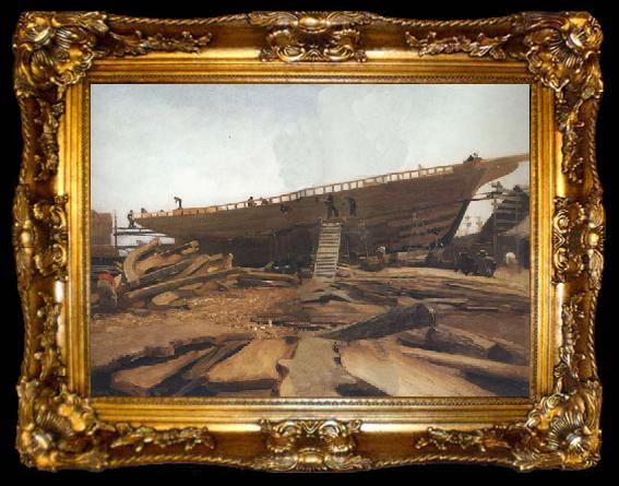 framed  Winslow Homer Shipbuilding at Gloucester (mk44), ta009-2